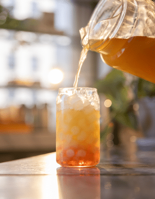 Tea being poured into a glass cup filled with ice and sunlight in the background
