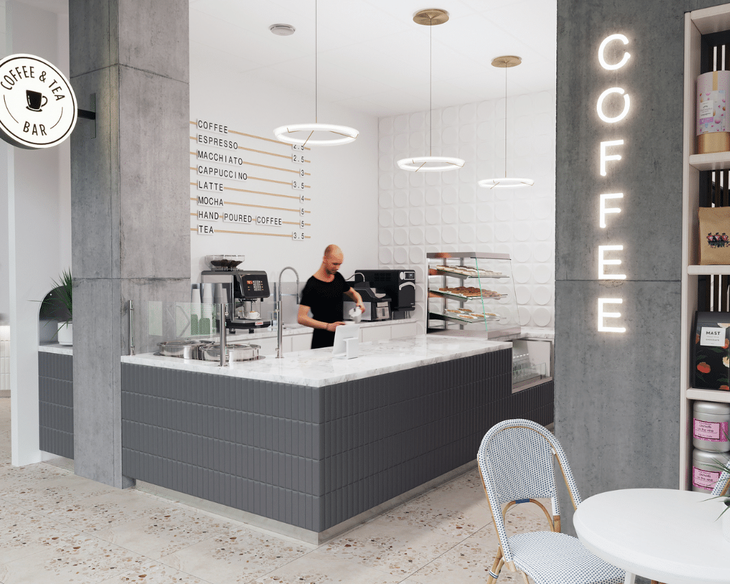 Grey café, barista behind the counter, LED coffee sign, coffee & tea bar